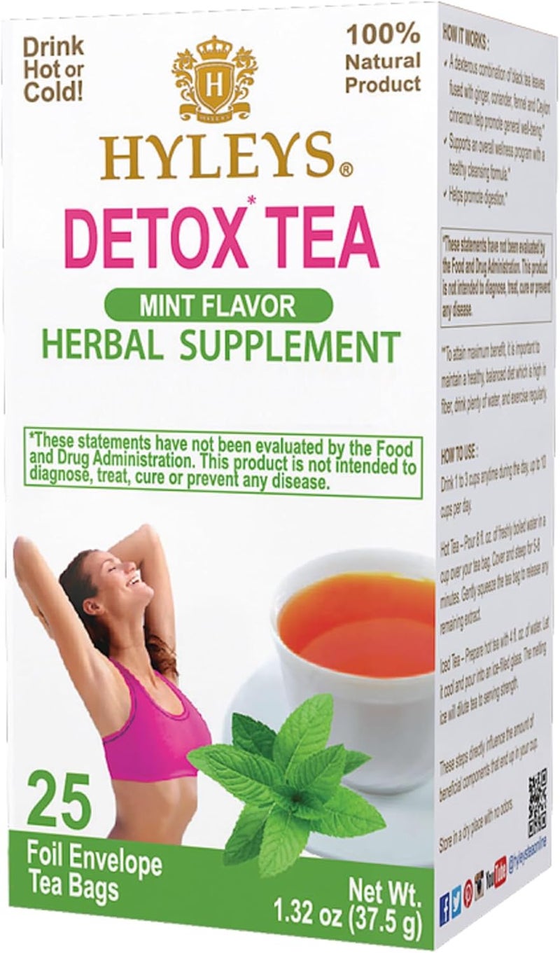 Hyleys Detox Tea - Mint Flavor Herbal Supplement with Green Tea, Ginger & Fennel - 25 Tea Bags - Image 4